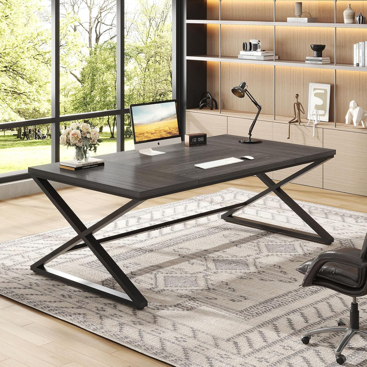 IBF Groot bureau, lange computertafel, industriële kwaliteit, voor thuis, kantoor, bureau voor slaapkamer, hout, metaal, computer, gaming, werkstation, computertafel, donkergrijs eiken