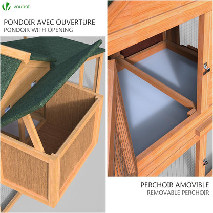 vounot Wooden chicken coop with nest box and perch, chicken coop, 2 chickens, 210 x 85 x 85 cm, with ramps and lockable doors, large activity area, ideal for chickens, small animals, rabbits