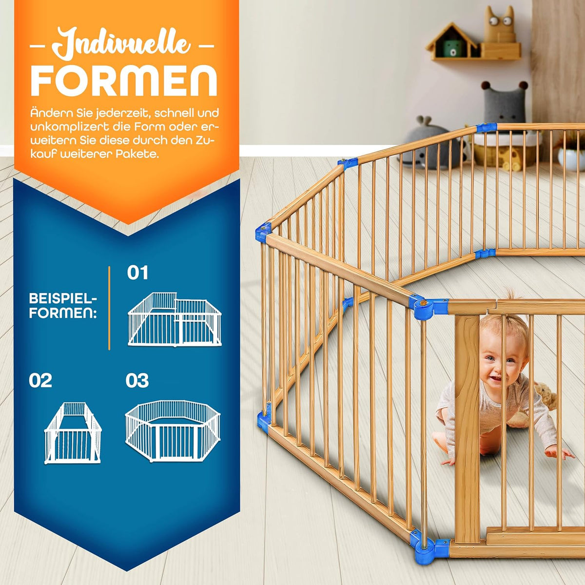KIDUKU® 7.2 m safety fence XXL collapsible incl. door, consisting of 8 elements, can be shaped as desired box fence - QUORE