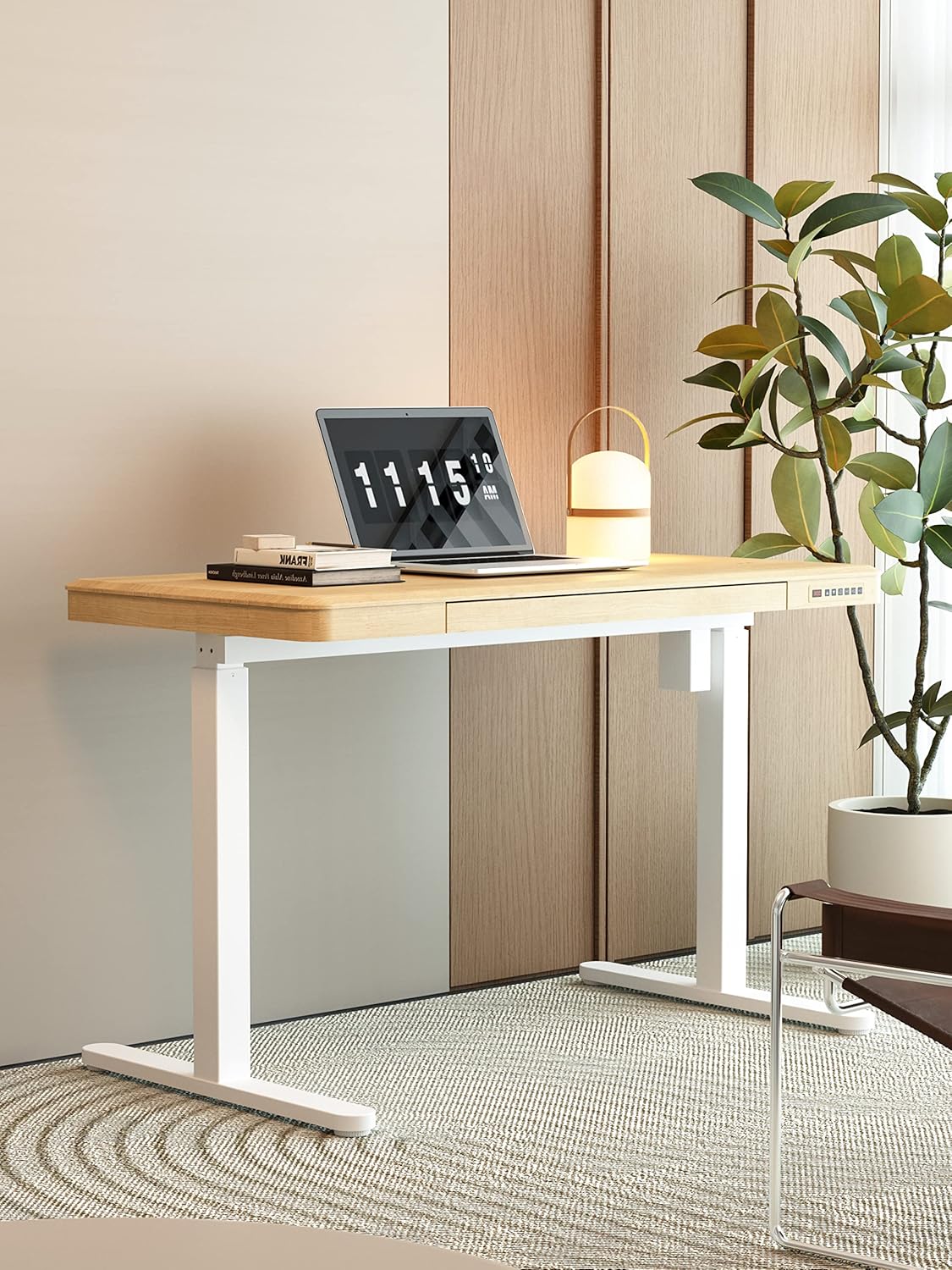 KOWO Electric Standing Desk with Drawers, USB-C Hub and Wireless Charger, Sit-Stand Desk, Adjustable Table, Home Office, Computer Table with Storage Space, 120 cm (L) Maple Wood - QUORE