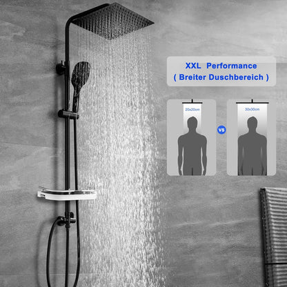 Douchesysteem – Regendouche – Douchezuil – Doucheset – Douchekolom – Mat Zwart Roestvrij Staal – XXL Regendouchekop 30x30 cm – Verstelbare Hoogte 74-114 cm