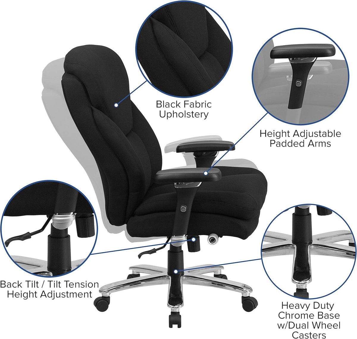 Flash Furniture HERCULES Serie 24/7 Intensief Gebruik Big & Tall 400 lbs. Beoordeelde Zwarte Stof Executive Ergonomische Bureaustoel met Lumbale Knop