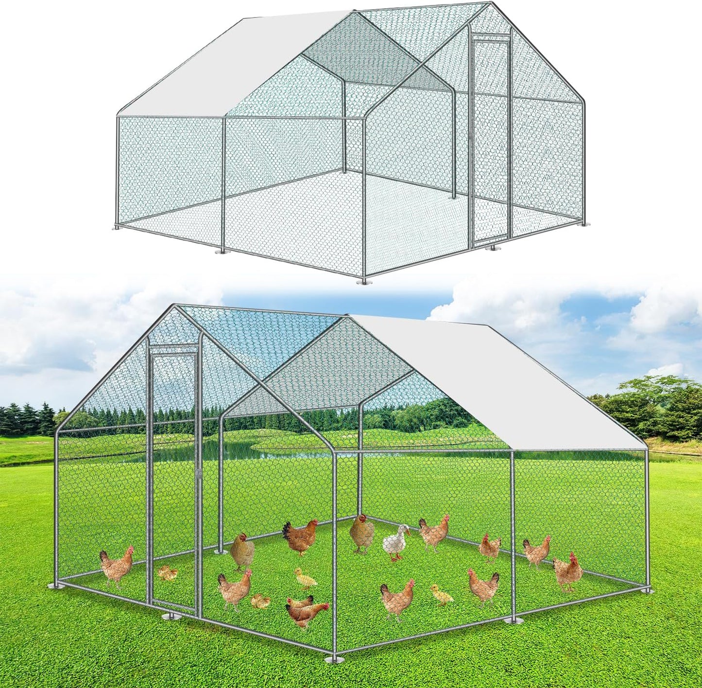 Kippenren – Kipverblijf – Kippenhok – Buitenren – Konijnenren – Stevig Gegalvaniseerd Stalen Frame – Waterdichte PE Zonwering 3x3x2 m
