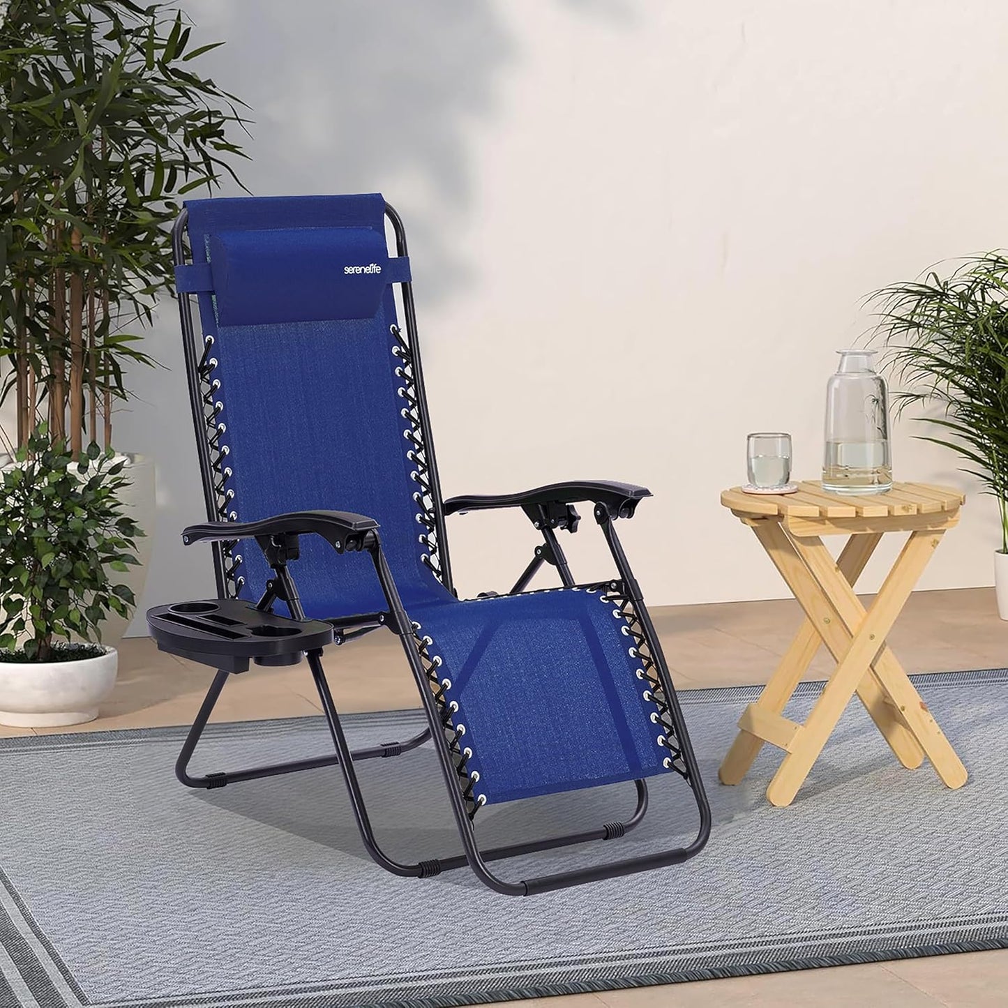 Serenelife Sun Lounger, Set of 2 Sun Loungers - Adjustable Garden Loungers with Side Table, Cup Holders, Removable Cushions - Foldable and Portable Lounge Chairs for Patio Garden Beach - Blue - QUORE