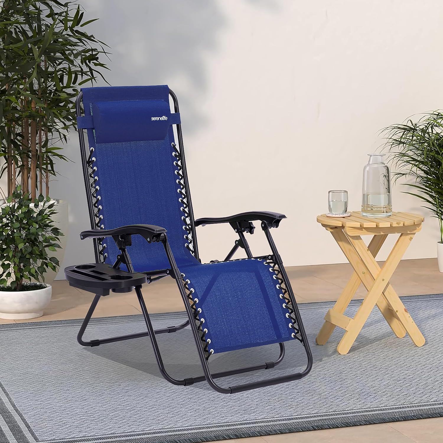 Serenelife Sun Lounger, Set of 2 Sun Loungers - Adjustable Garden Loungers with Side Table, Cup Holders, Removable Cushions - Foldable and Portable Lounge Chairs for Patio Garden Beach - Blue - QUORE