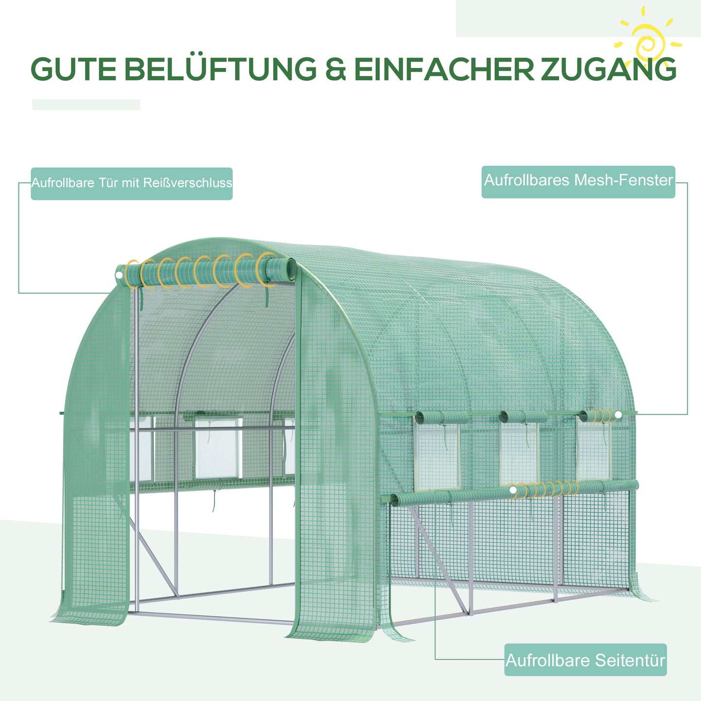 Tunnelkas – Kweekkas – Foliekas – Tomatenkas – Groentekas – Met Stabiel Stalen Frame – UV-Bescherming & Oprolbare Ventilatieramen – Groen – 295x200x200 cm