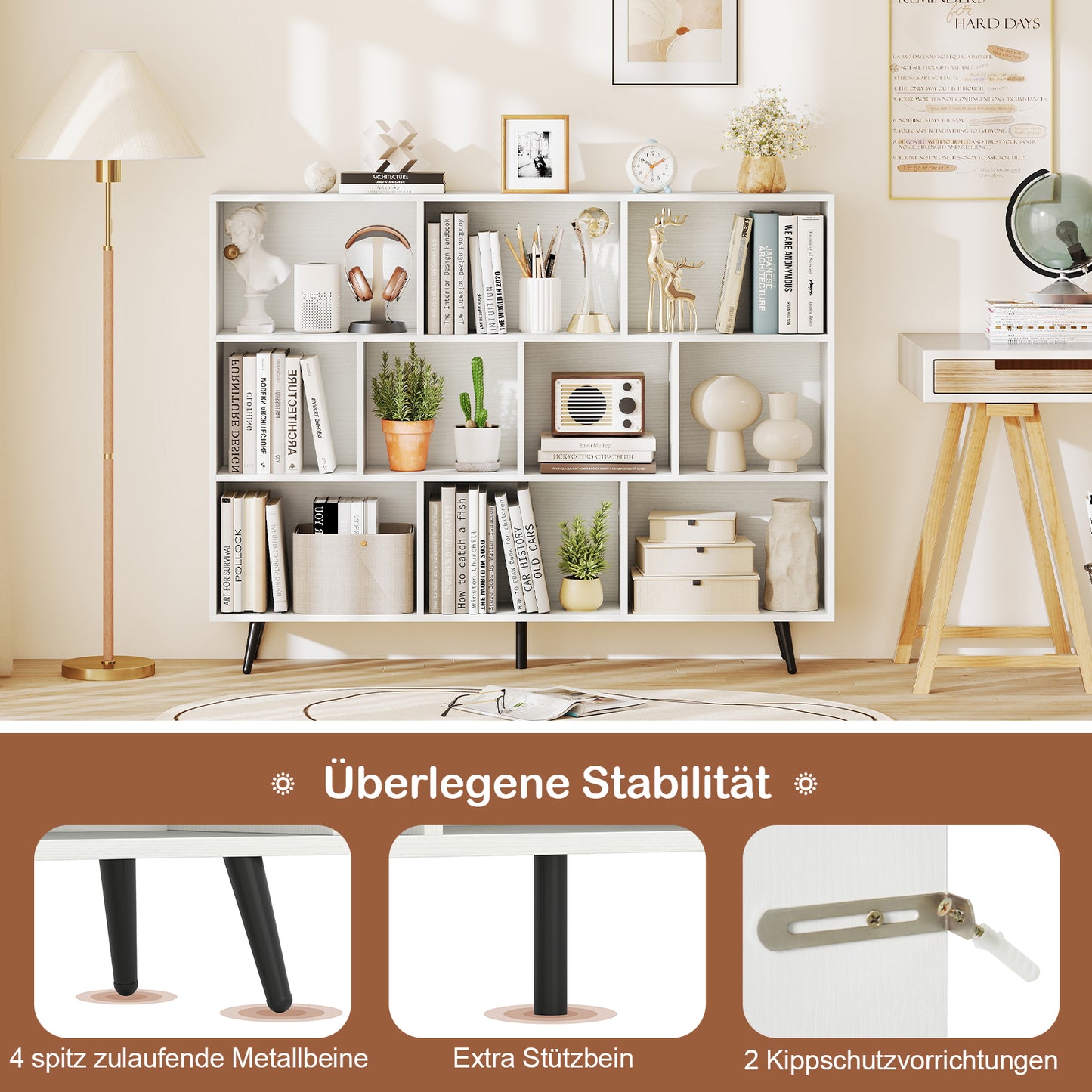 Opbergkast – Boekenkast – Wandkast – Opbergmeubel – Kast Met Vakken – Houten Kast Met 10 Vakken – Schuine Metalen Pootjes – Anti-Kantel Veilig Design – 140x24x107 cm – Duurzaam Hout
