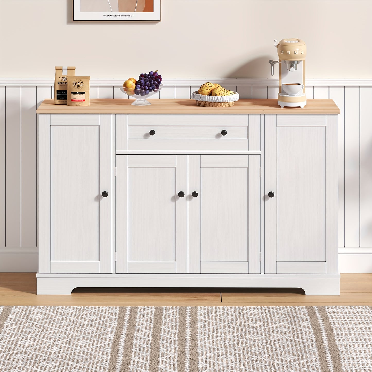 Modern White Metal Cabinet with Anti-Tip System - Multifunctional Storage Sideboard Suitable, & Bedroom - Adjustable Shelves & Drawers, Heavy-Duty 138cm Freestanding Furniture