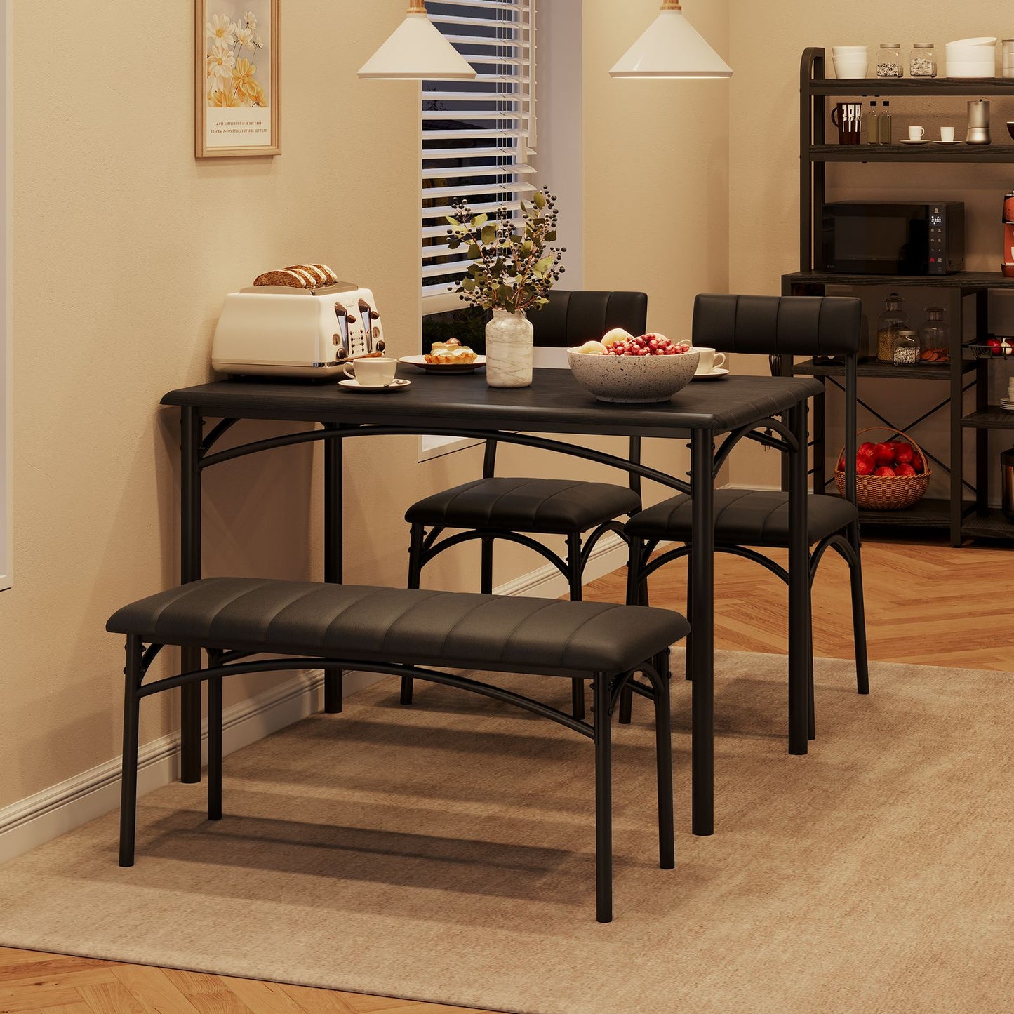 Eettafelset – Eettafel – Stoelen – Bankje – Diningset – Zwart – Compact Formaat – Hardhouten Frame
