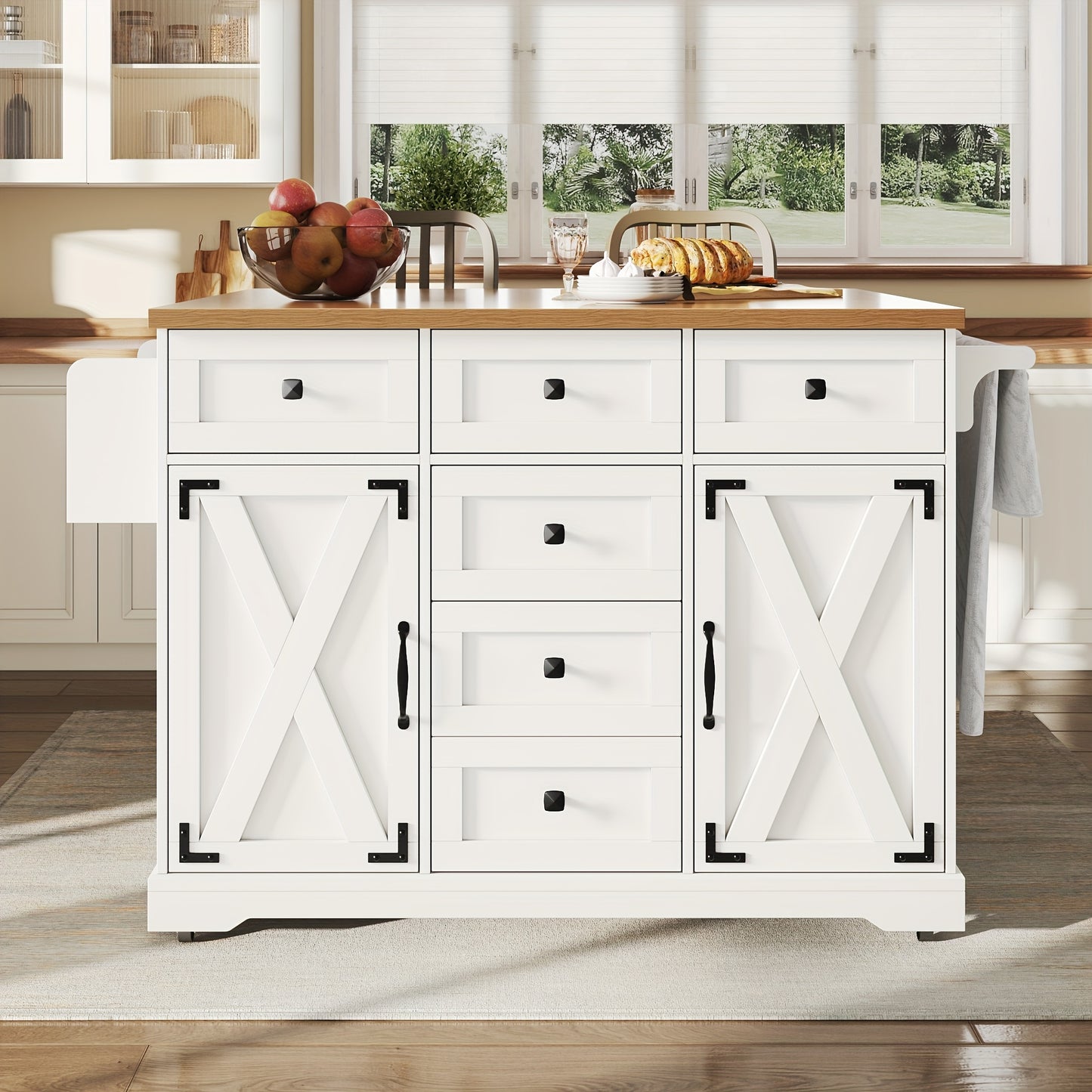 Multifunctional Kitchen Island with Mobile Storage Cabinet & Buffet - & Classic Design, Freestanding Floor Cabinet with Spacious Countertop, Ample Storage Space, No Electrical Required for Dining Room & Living Room, Durable M