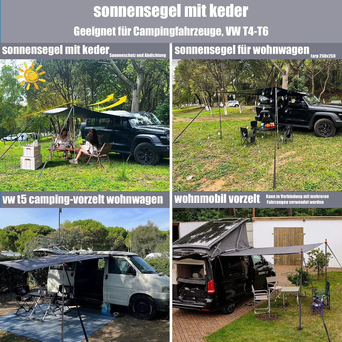 Zonnezeil met bies, luifel voor auto, V-w T5, camping, luifel, autoluifel, met kederrail (4-6 mm), T4, T6, waterdicht, anti-uv, tent stangen, zuignap