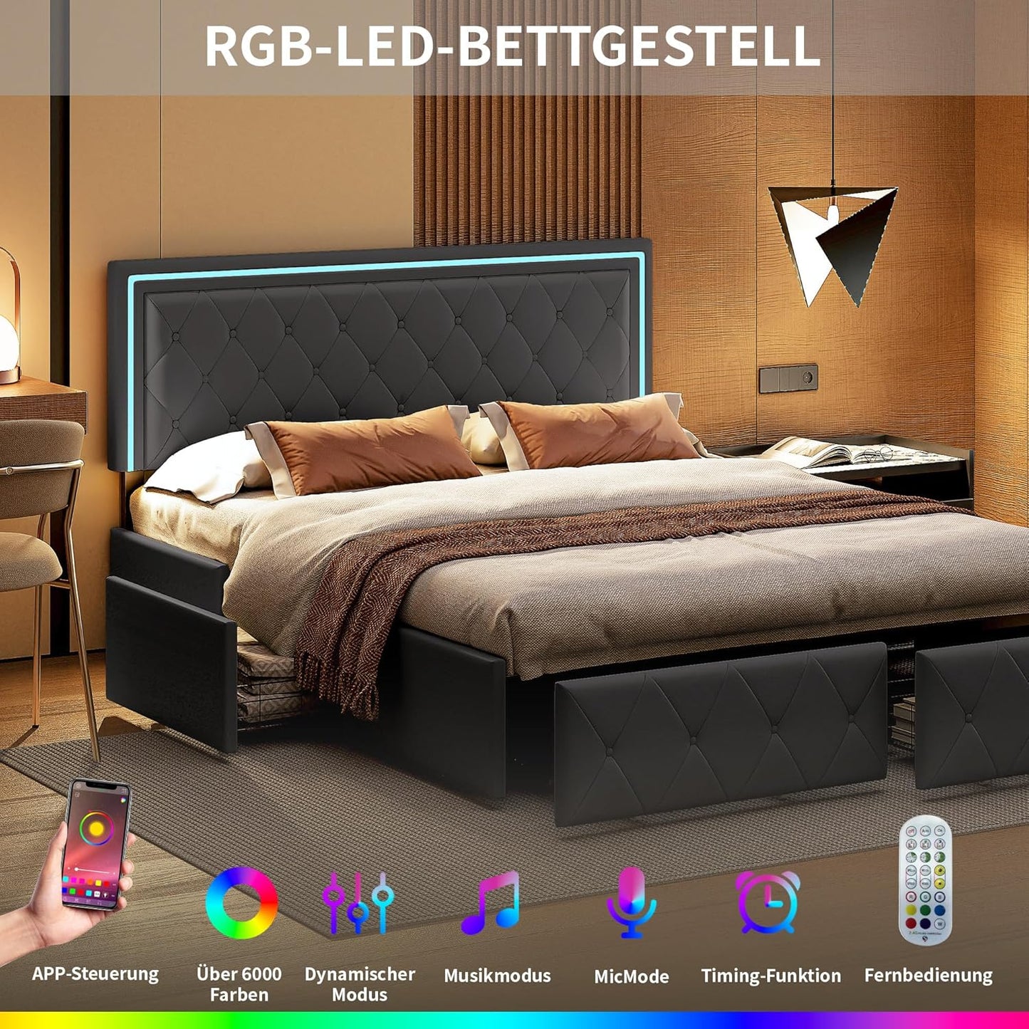 Tweepersoonsbed – Bedframe – Bed – Slaapbed – Ledikant – Donkergrijs – 160x200 cm – 4 Uitschuifbare Laden – Verstelbaar Hoofdbord