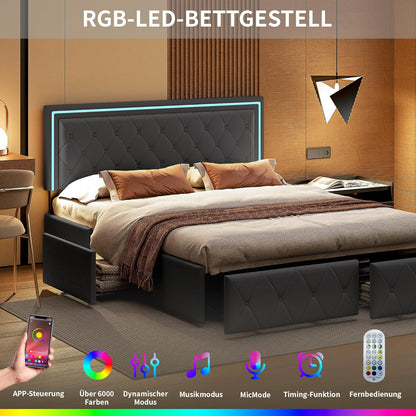 Tweepersoonsbed – Bedframe – Bed – Slaapbed – Ledikant – Donkergrijs – 160x200 cm – 4 Uitschuifbare Laden – Verstelbaar Hoofdbord