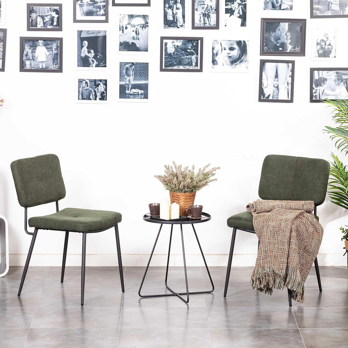 MEUBLE COSY Eetkamerstoelen, set van 2 retro keukenstoelen, ergonomische woonkamerstoel, bureaustoel met rugleuning, zitting van stof, metalen poten, groen, 59,5x45x82cm