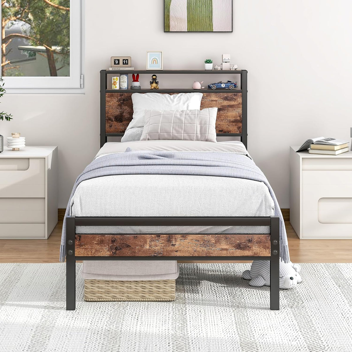 HOJINLINERO Bedframe met lattenbodem, eenpersoonsbed van metaal, 90 x 200 cm, bed met houten opbergruimte, hoofdeinde, logeerbed, tienerbed, dagbed, bedframe, zwart