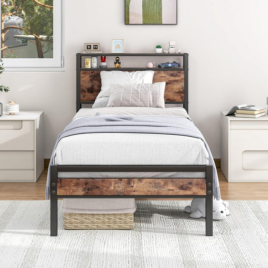 HOJINLINERO Bedframe met lattenbodem, eenpersoonsbed van metaal, 90 x 200 cm, bed met houten opbergruimte, hoofdeinde, logeerbed, tienerbed, dagbed, bedframe, zwart