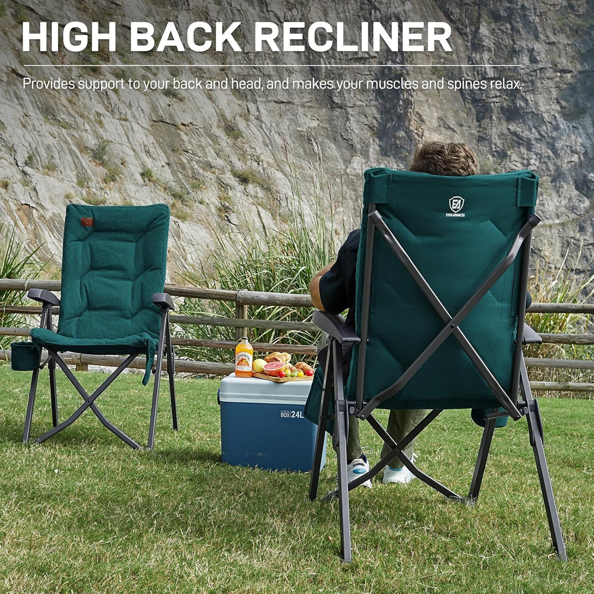 Ever Advance Luxe campingstoelen voor volwassenen, 2 stuks, heavy-duty, hoge rugleuning, oversized, opvouwbare tuinstoel, comfortabel, 6 cm gewatteerd, 150 kg draagkracht, verstelbare stoelen voor