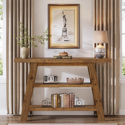 Solid Wood Console Table, 120 cm Long Country Entrance Table with 3-Stage Shelves, Rectangular Sofa Tables Behind Sofa, Narrow Accent Tables for Hallway, Entrance, Foyer, Living Room (Brown)