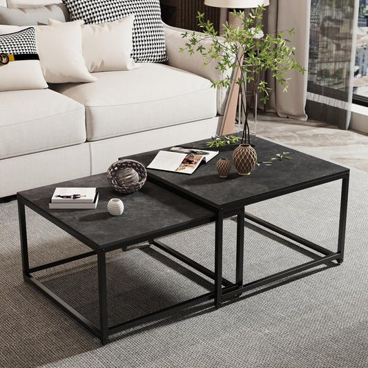 Nesttafels – Bijzettafels – Salontafels – Nesting Tafels – Banktafels – Sintered Stone Tafelblad – Zwart Grijs Marmerlook – Set van 2 – Groot 65x65x40 cm & Klein 60x60x34 cm