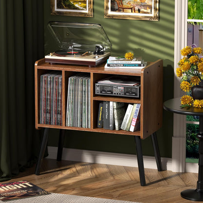 Platenspeler midden de eeuw met vinylaplank voor maximaal 150 albums, vinylkast met verstelbare planken, bruin