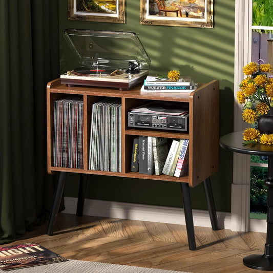 Platenspeler midden de eeuw met vinylaplank voor maximaal 150 albums, vinylkast met verstelbare planken, bruin