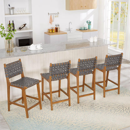 Ball & Cast Woven Counter Stool Kitchen Counter Hoogte Barstool Backrest Wooden Weave Stool, Dark Grey Faux Leather