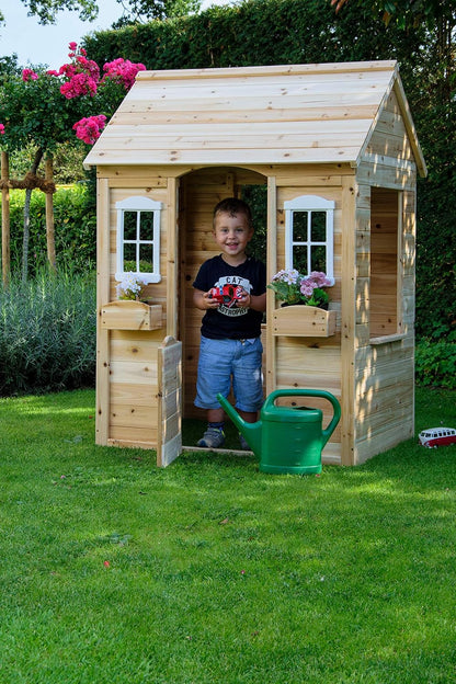 dobar® 94810FSCe Speelhuis met bloembakken, outdoorhuis voor kinderen, 1,10 m hoog, tuinspeelhuis van massief hout, weerbestendig kinderhuis met ramen, 107 x 92 x 144,5 cm, naturel