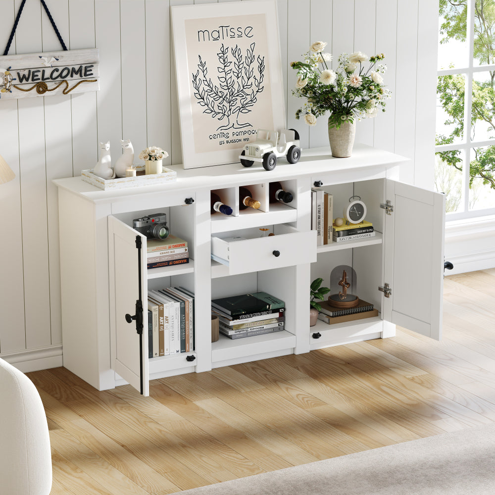 Modern-Style Sideboard with Two Doors and One Drawer | 130cm Wide, Three Wine Racks, Semi-Open Storage, White, Metal, Suitable for Hallways, Living Rooms, and Offices