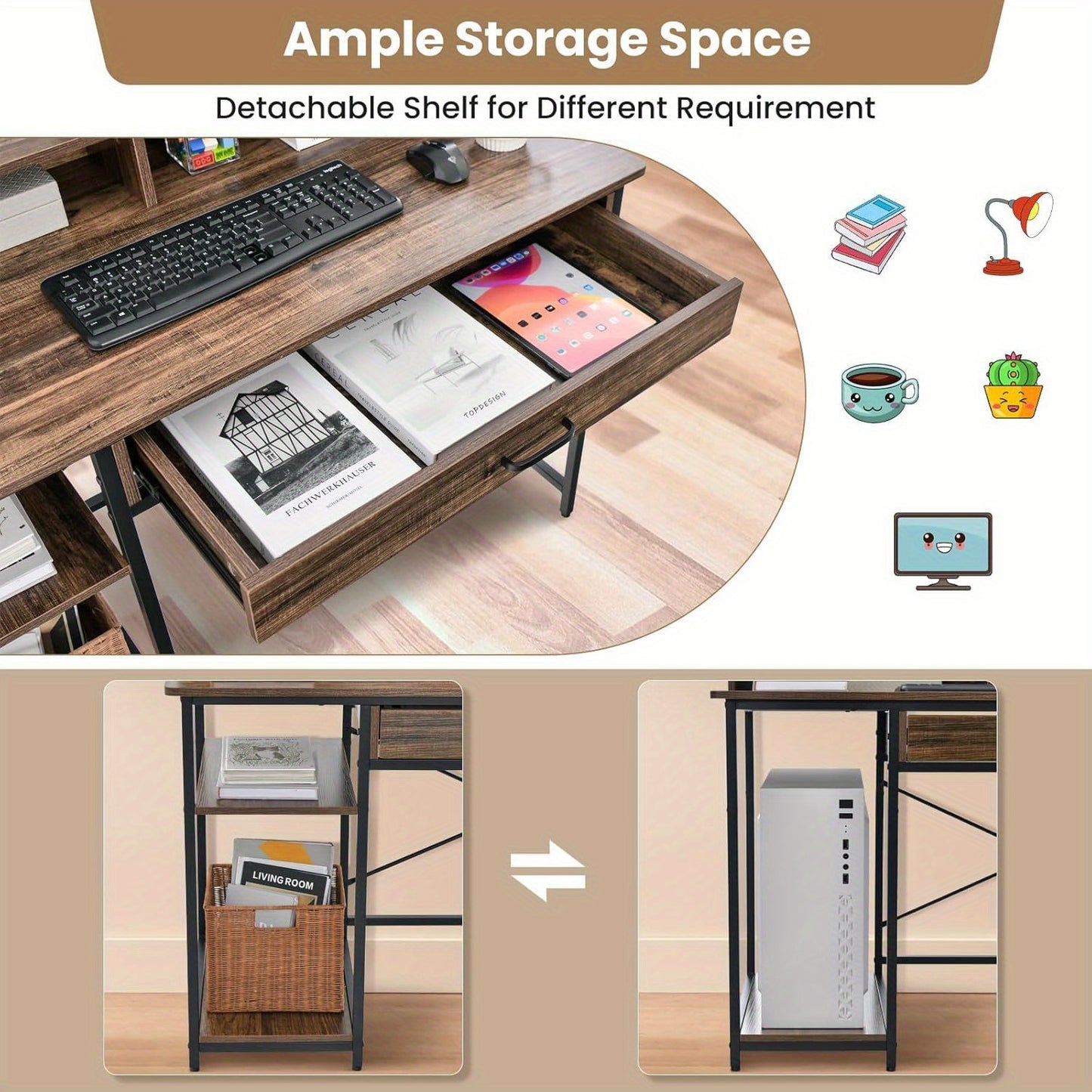 Desk with Drawer, Monitor Stand & 2 Open Shelves, Computer Table with Metal Frame, PC Table, Office Table, 120 x 56 x 90.5 cm, Rustic Brown