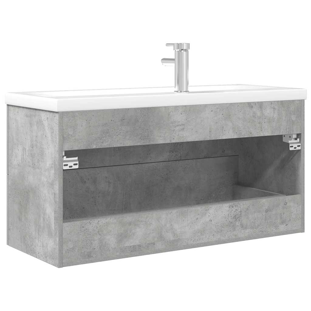 Badkamermeubelset – Badmeubel – Wastafelmeubel – Onderbouwkast – Spiegel – Beton grijs – Wandmontage – Keramische Wasbak 100x38,5x48 cm