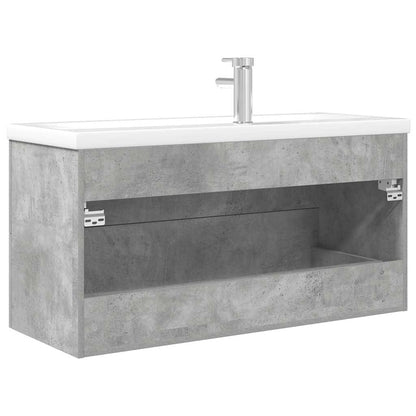 Badkamermeubelset – Badmeubel – Wastafelmeubel – Onderbouwkast – Spiegel – Beton grijs – Wandmontage – Keramische Wasbak 100x38,5x48 cm