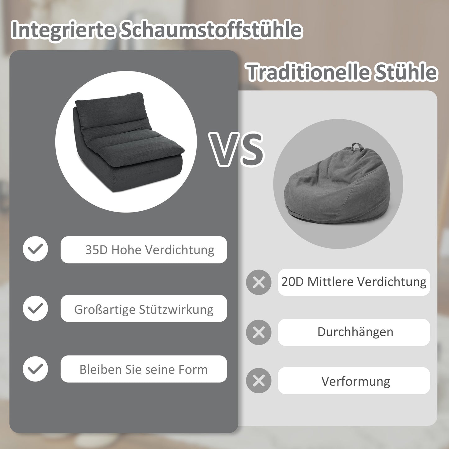 Schuim Loungestoel – Vloerstoel – Relaxzetel – Loungechair – Zitzak – Lichtgewicht & Hoogwaardige Schuimvulling – Elektriciteitvrij & Compact Grijs