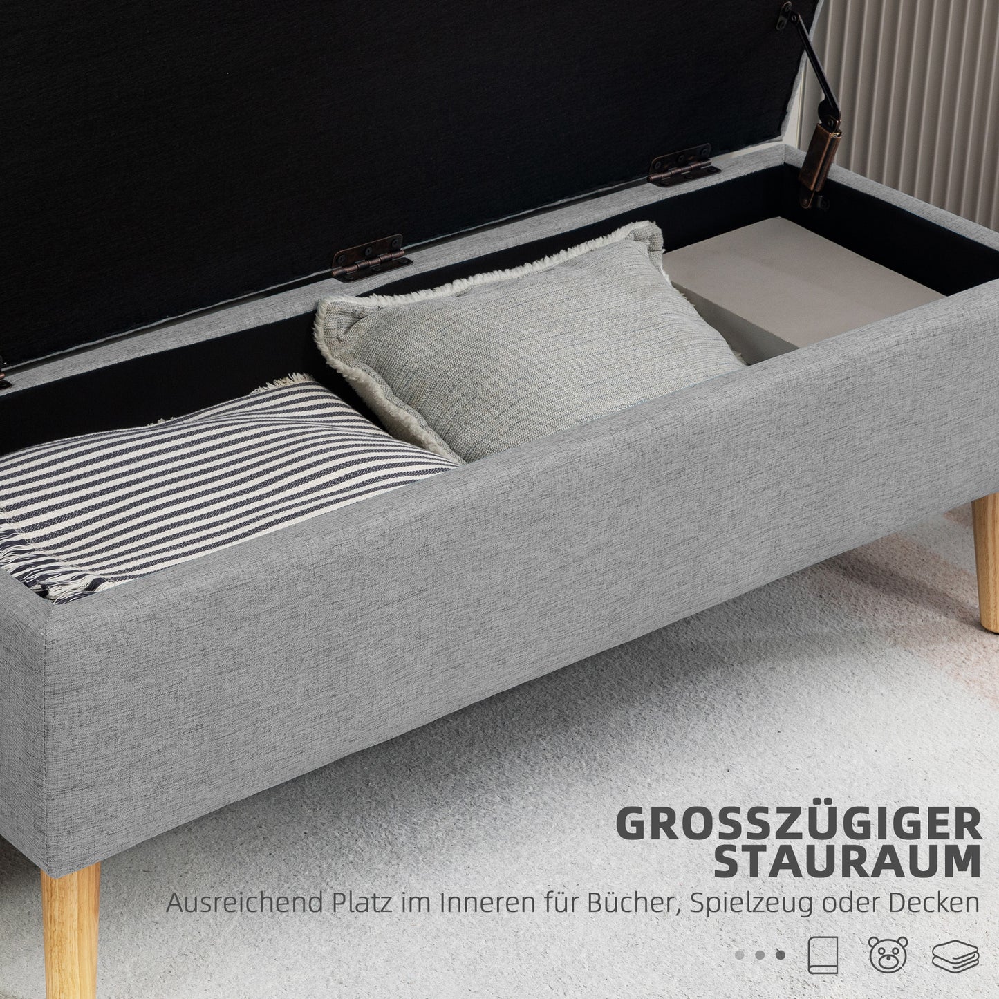 Opbergbank – Opbergbank – Zitbank – Opbergkist – Bank Met Opbergruimte – Linnen-Look Bekleding – Max. Draagvermogen 220 kg – Grijs – 110x39x45 cm – Rubberhouten Pootjes