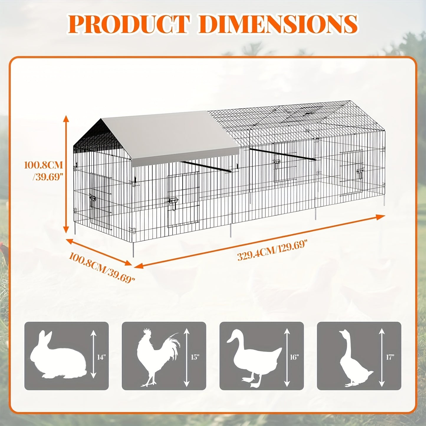 Kippenren – Kipren – Pluimveren – Buitenren – Dierenren – Metaal – Waterdicht Dak – 3,05 x 1,02 x 1,02 m – UV-Bestendig – Voor 12-20 Kippen – Silvery