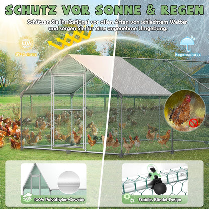LARS360 Outdoor Chicken Coop 3 x 2 x 2 m Outdoor Fence, Coated PE Shade Roof, Galvanized Steel Frame, Use for Chickens, Poultry Stables, Bird Cages, Small Animals, Silver - QUORE