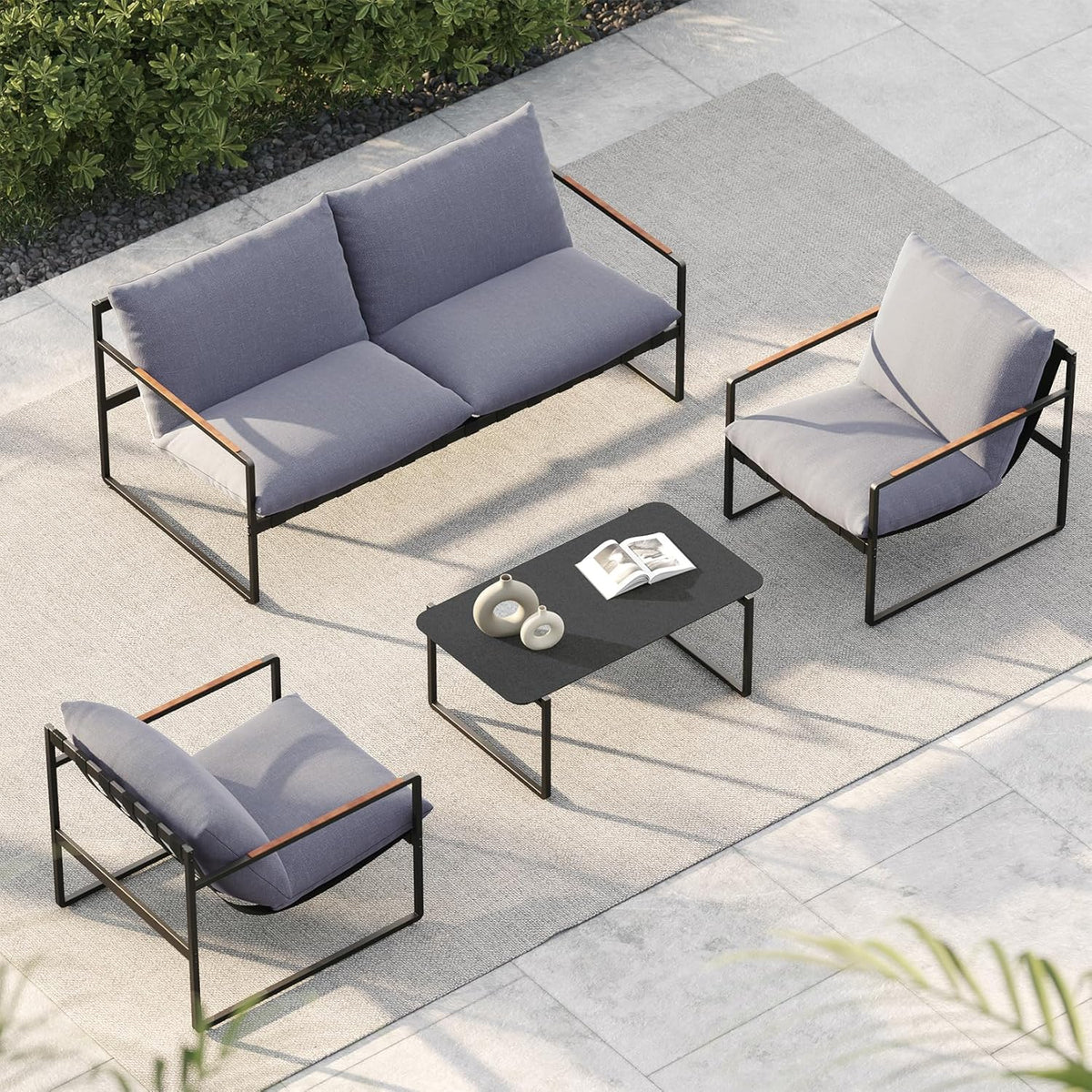 Grand patio Rope Loungeset, 4-zits tuinmeubelset met kussen, 2-zitsbank, 2 stoelen en 1 tafel, metalen zitgroep voor tuin, terras, buiten, binnen