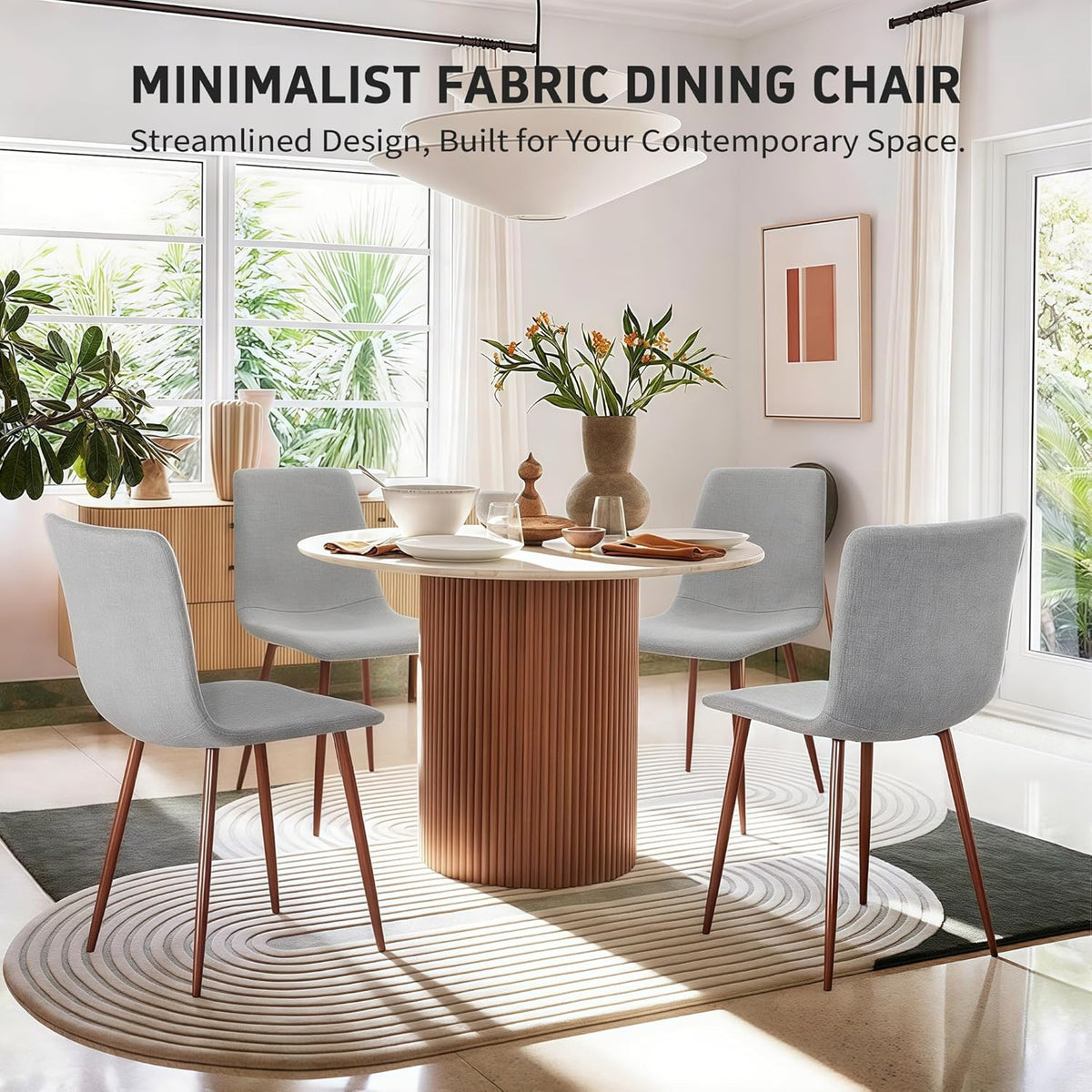 CangLong Set of 4 Dining Chairs, Retro Upholstered Kitchen Chairs for Kitchen, Dining Room, Modern Fabric Lounge Chairs with Metal Legs, Grey - QUORE