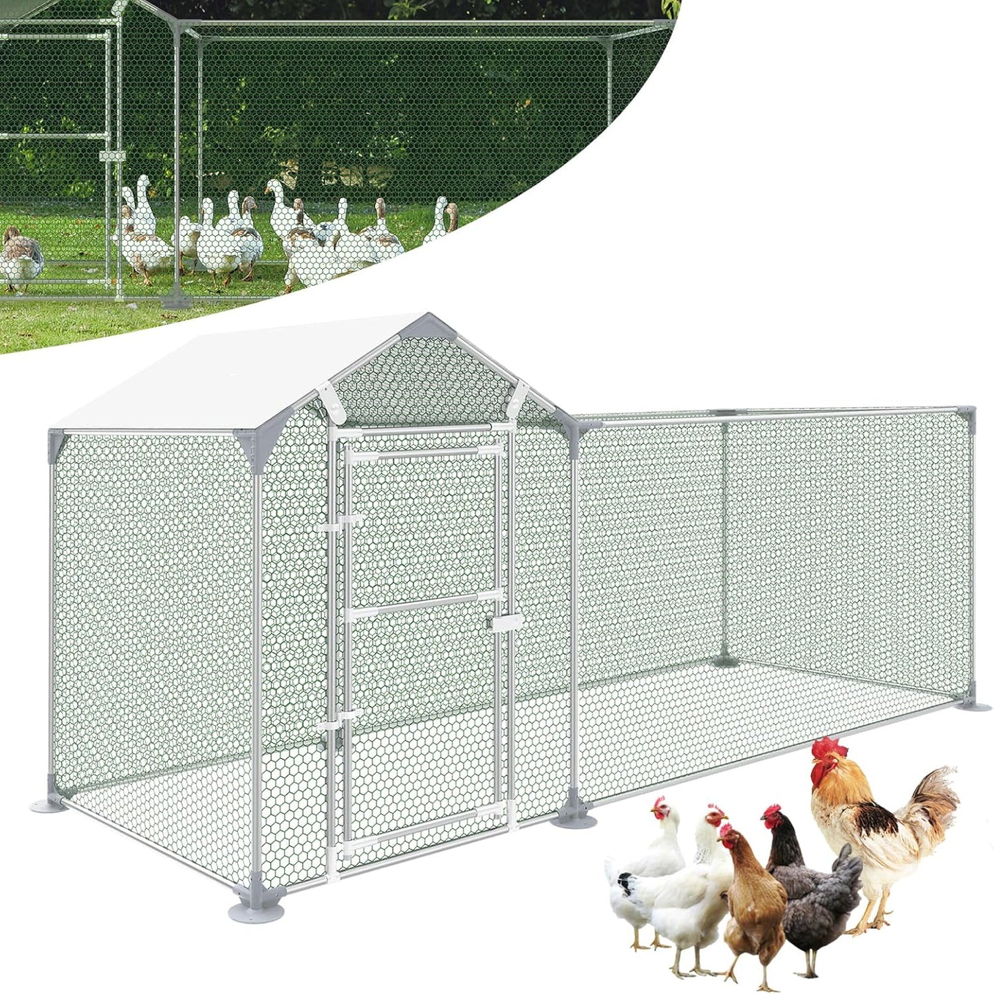 Kippenhok – Vrijloophok – Buitenren – Dierenverblijf – Buitenhok – Verzinkt Staal – Waterdicht Zonnescherm 3x1x1,4m