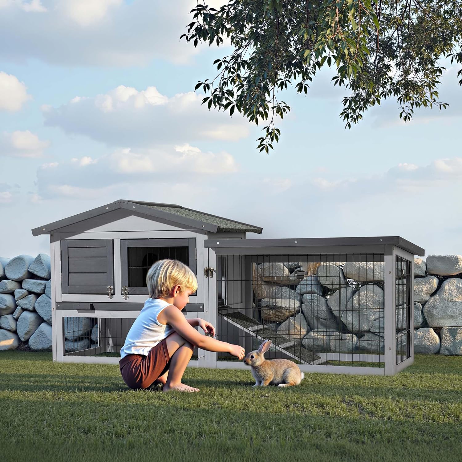 Chicken Coop Light Grey 1535 x 525 x 685 mm - Wood, Nesthouse and Free Running Space - with Removable Bowl - QUORE