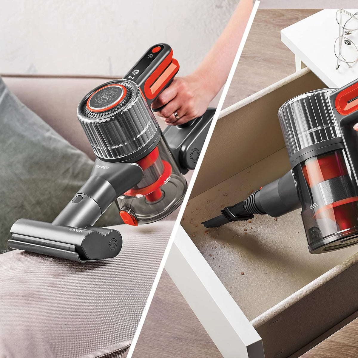 Polti Forzaspira D-Power SR550 Draadloze stofzuiger, 2-in-1, digitale motor en multi-cyclonische technologie, autonomie tot 40 min, 3 stofzuigprogramma's, mini-turboborstel, rood/grijs