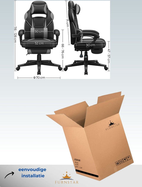 Gaming stoel - Bureaustoel met voetenbankje - Bureaustoel met hoofdsteun en lendensteunkussen - In hoogte verstelbaar - Ergonomisch - Kantelhoek van 90-135° - Draagvermogen tot 150 kg - Zwart-Grijs