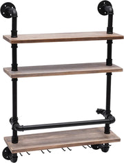 Wandplank - Wijnrek - Wijnglazen Houder - 3 Planken - Industrieel - Hout - 100x60x20 cm - Woonkamer - Keuken - Slaapkamer - Wandrek - Muur