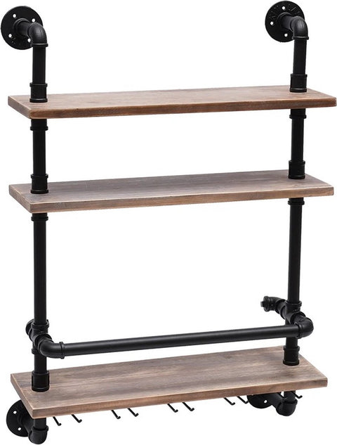 Wandplank - Wijnrek - Wijnglazen Houder - 3 Planken - Industrieel - Hout - 100x60x20 cm - Woonkamer - Keuken - Slaapkamer - Wandrek - Muur