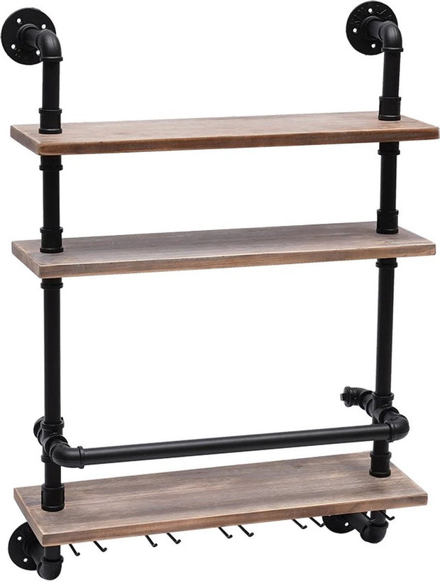Wandplank - Wijnrek - Wijnglazen Houder - 3 Planken - Industrieel - Hout - 100x60x20 cm - Woonkamer - Keuken - Slaapkamer - Wandrek - Muur