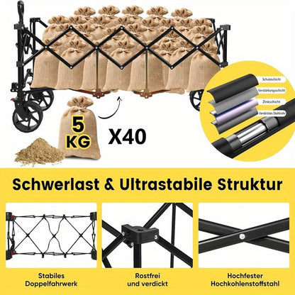 Vouwkruiwagen – Opvouwbare Handkar – Inklapbare Kruiwagen – Tuinwagen – Transportkar – 200 kg Draagvermogen – Extra Brede 17x10 cm All-Terrain Banden – Zwart – Metaal