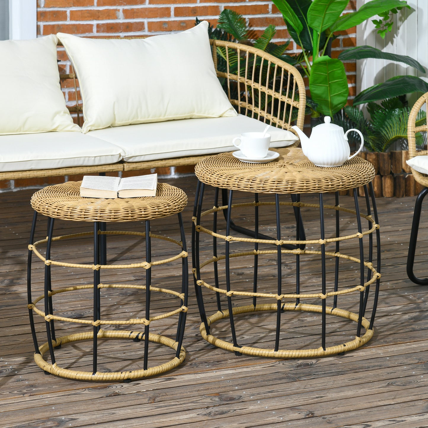 Bijzettafel – Bijzettafeltje – Salontafel – Nachtkastje – Banktafel – Set van 2 – Donkerbruin Rotan Effect – Nesting Design met Stalen Frame