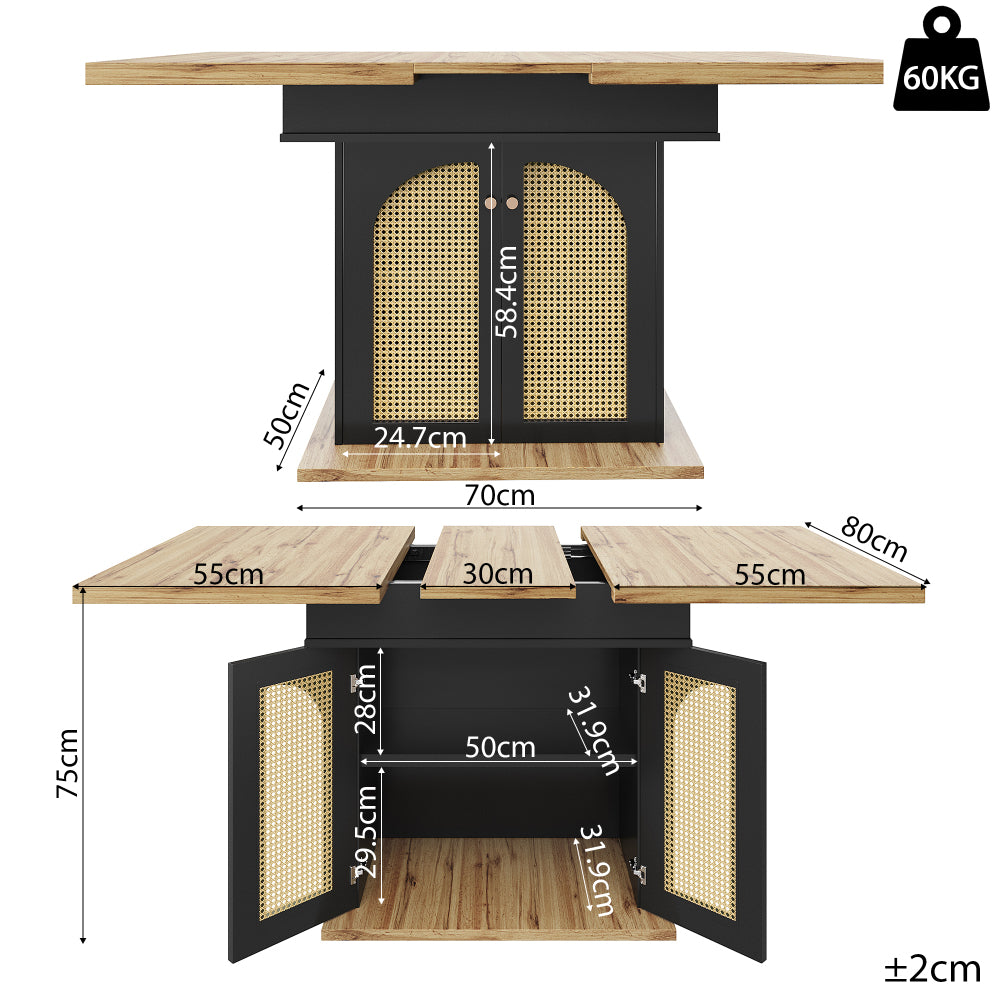 Telescopic Dining Table (110-140×80cm), Foldable Kitchen & Living Room Extendible Space-Saving 4-6 Seater with PE Rattan Cabinet Doors, Small Round Dining Table, Table for Dining Room, Spacesaving Furniture, Contemporary Des