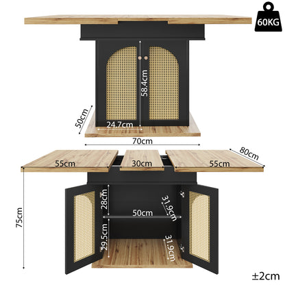 Telescopic Dining Table (110-140×80cm), Foldable Kitchen & Living Room Extendible Space-Saving 4-6 Seater with PE Rattan Cabinet Doors, Small Round Dining Table, Table for Dining Room, Spacesaving Furniture, Contemporary Des