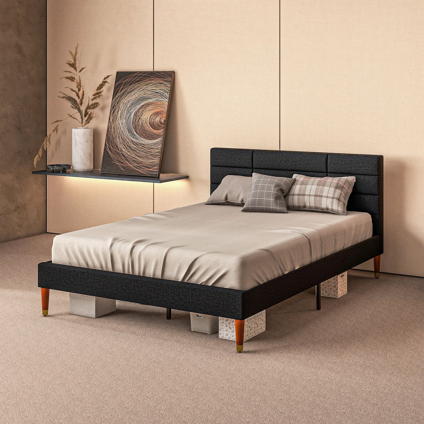 Tweepersoons Bedframe – Bedframe Met Opbergruimte – Bedbodem – Stalen Bedframe – Slatted Bed – 140x200 cm – Verhoogde Onderbedruimte – Gestoffeerd Hoofdbord Zwart
