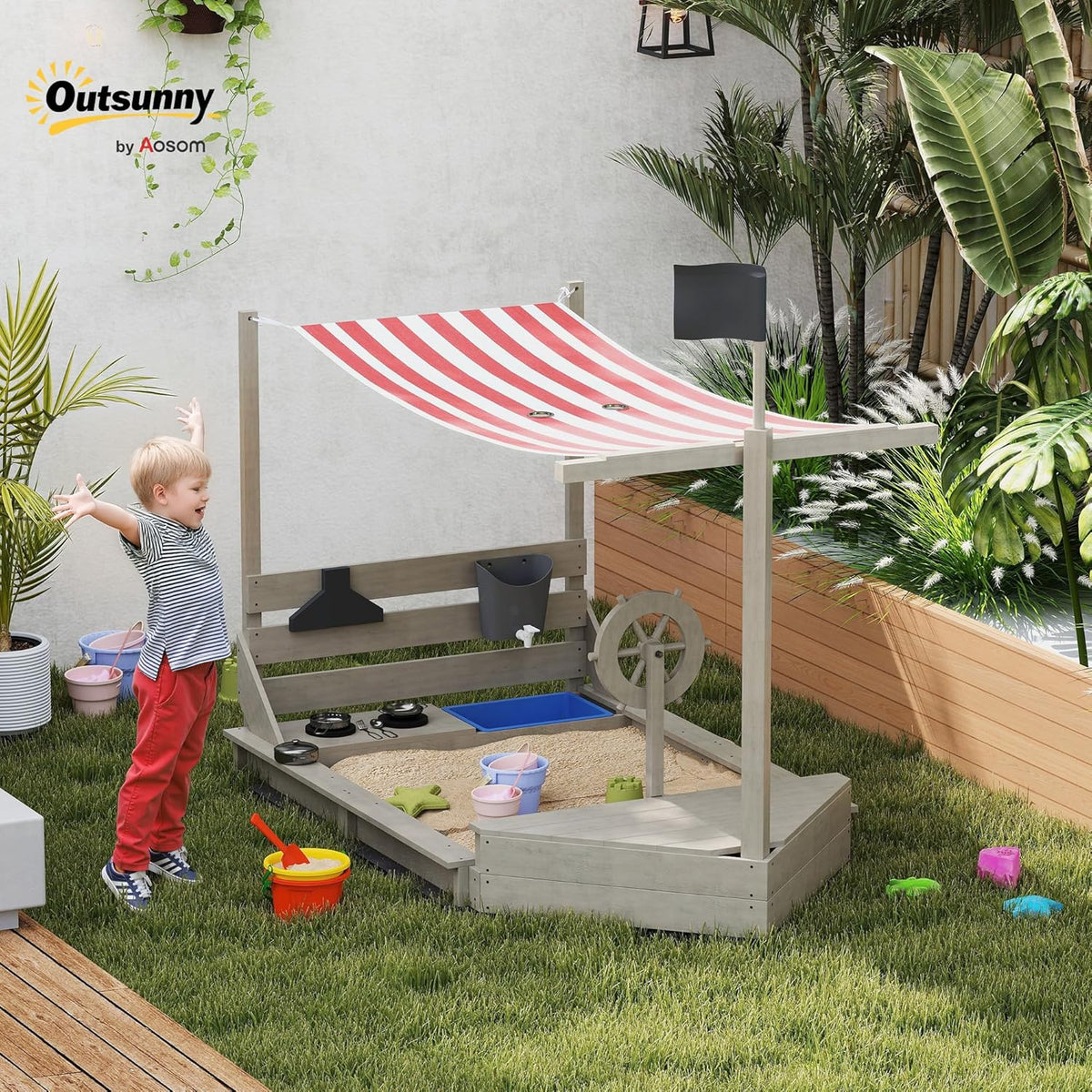Outsunny Sandkasten Sandkiste groß mit Abdeckung im Schiff Design Matschekiste aus Holz Segelschiff Spielhaus mit Küchenspielset Aufbewahrung für Kinder 3-7 Jahre Grau 180 x 103 x 144 cm